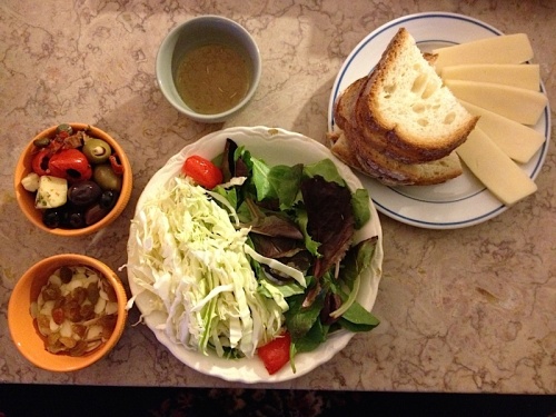 Cabbage and mixed-greens salad with Oxyporium dressing; and of course some bread and cheese.